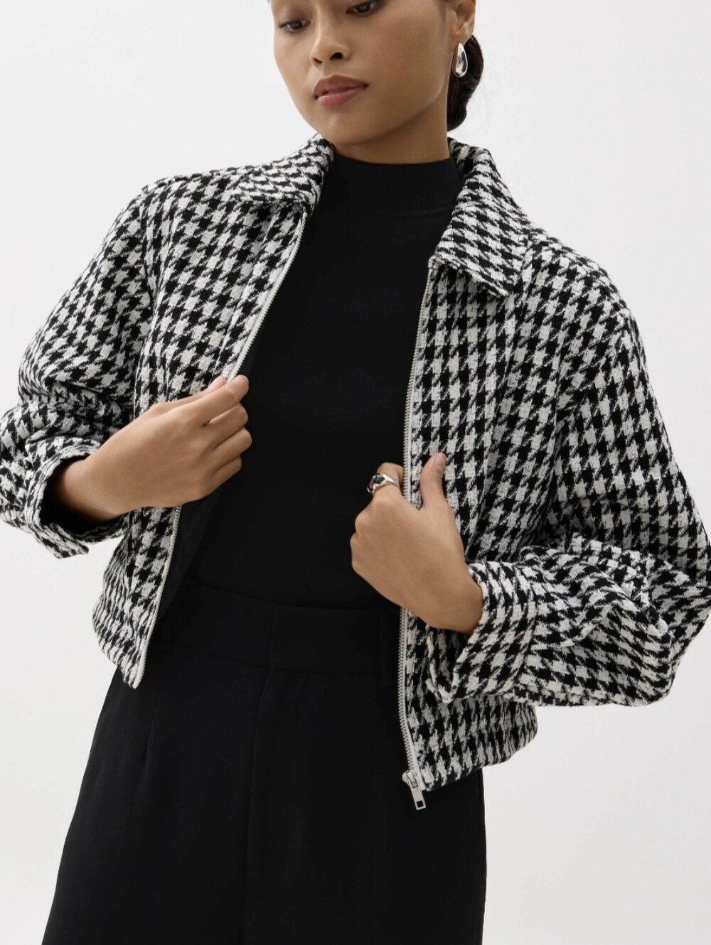 Love, Bonito Valencia Houndstooth Quilted Bomber Jacket, Size S
